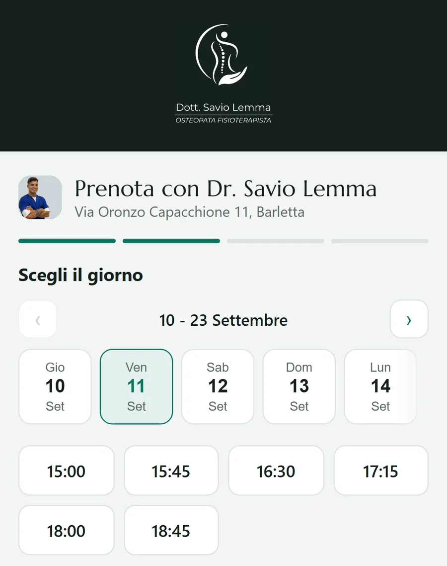 La pagina di prenotazione: la riga dei giorni con venerdì scelto, che sfuma a destra, e sotto gli orari liberi del pomeriggio.