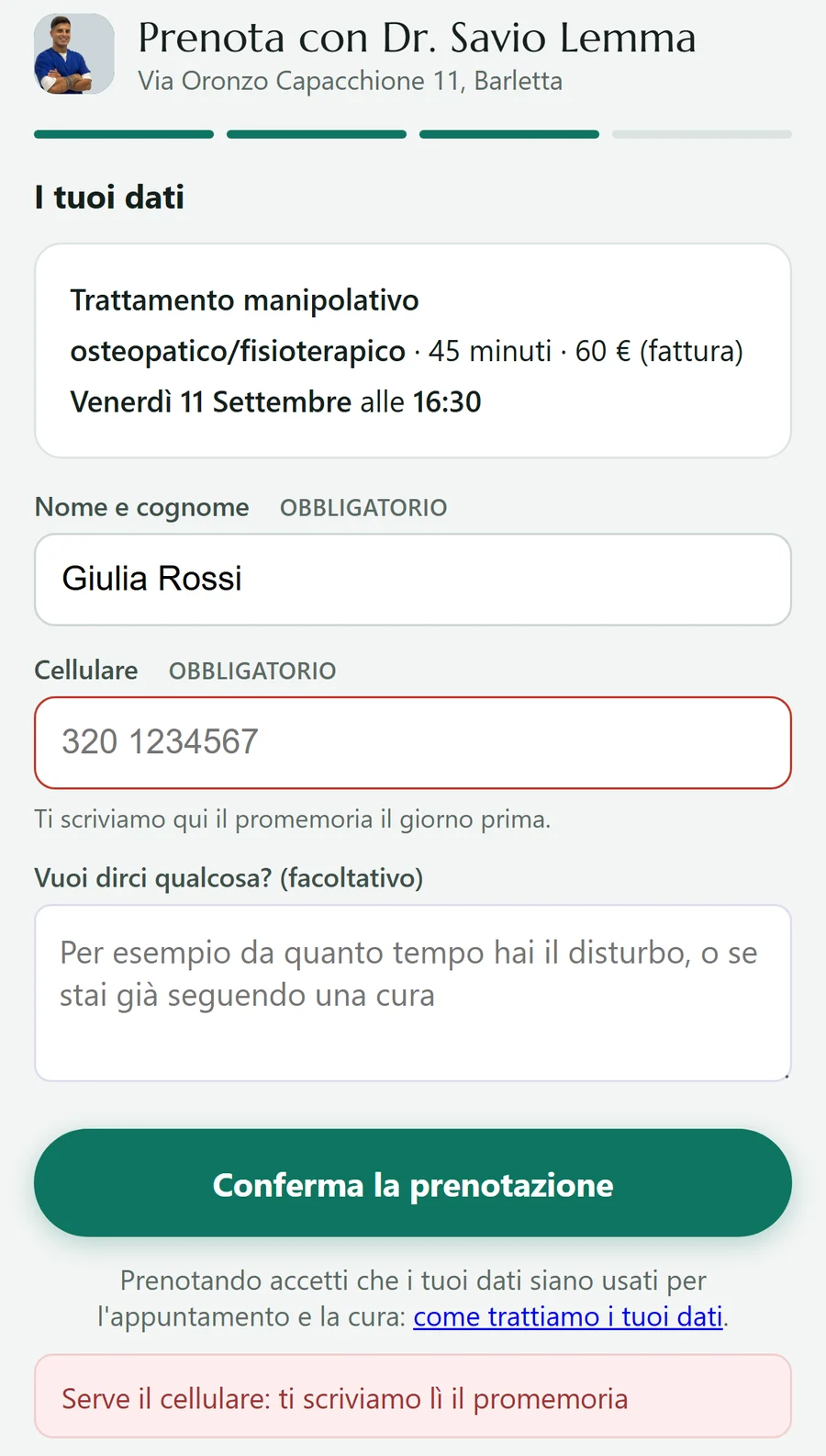Il modulo dei dati con il nome scritto e il cellulare vuoto, bordato di rosso, e il messaggio che chiede il numero.