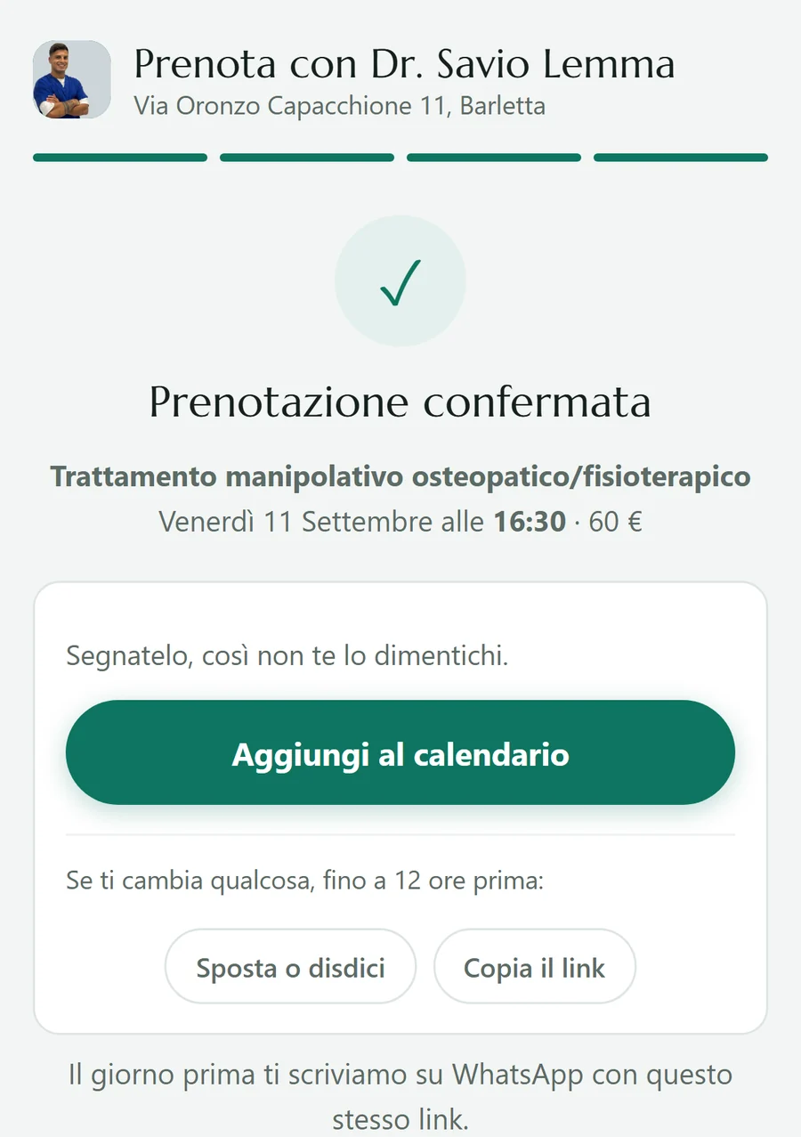 La schermata di prenotazione confermata con il pulsante Aggiungi al calendario e, sotto, Sposta o disdici e Copia il link.