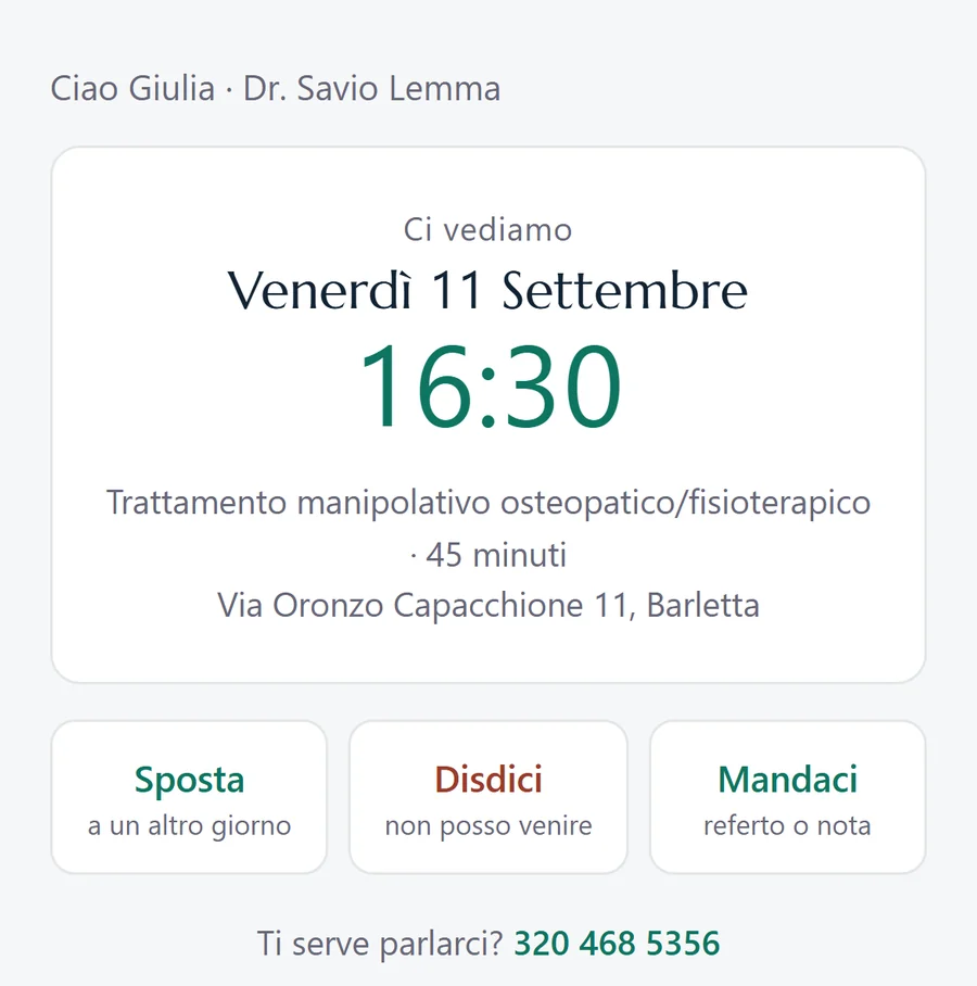 La pagina personale del paziente con giorno e ora in grande, il trattamento, l'indirizzo e i pulsanti Sposta, Disdici e Mandaci.