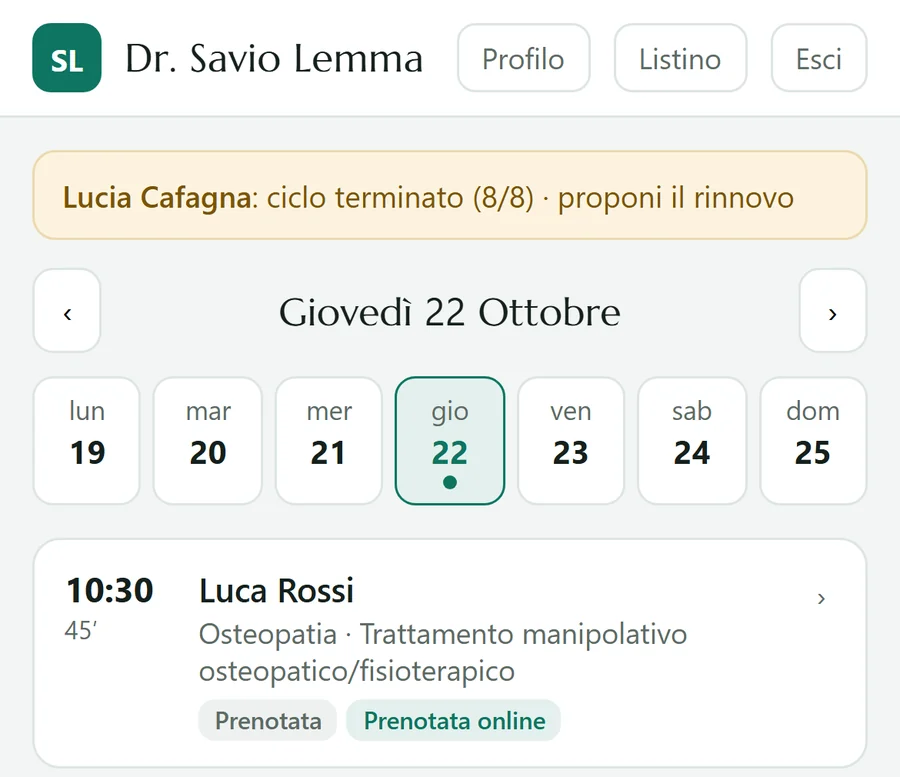 L'agenda su un giovedì di ottobre, con una seduta prenotata online.